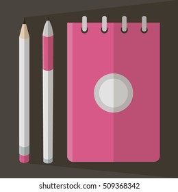 Pencil and pen, notebook isolated on the contrast background. Office writing implements. Vector illustration.