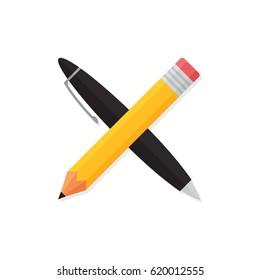 Pencil and pen on white background vector concept. School supplies illustration in modern flat style. Color picture for design web site, web banner, printed material. Office stationery icon. 