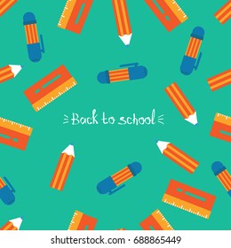 Pencil, pen, ruler and inscription. Back to school. Seamless pattern for a postcard or poster. Congratulation for schoolchildren.Decoration for the holiday on a green background. Beautiful lettering