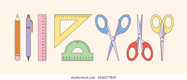 Pencil, Pen, Ruler, Triangle, Protractor, Scissors Set. School Stationery Items Isolated on Light Background. Flat Vector Illustration for Study, Supplies, Tools, Back to School Design