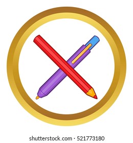 Pencil and pen vector icon in golden circle, cartoon style isolated on white background