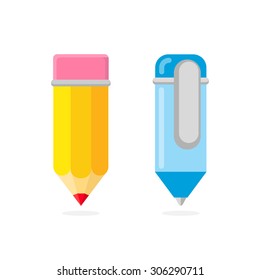 Pencil and pen in the white background. Vector illustration.