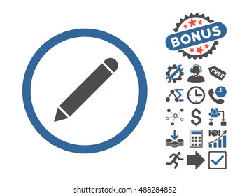 Pencil pictograph with bonus design elements. Vector illustration style is flat iconic bicolor symbols, cobalt and gray colors, white background.
