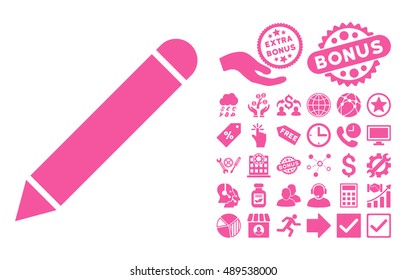 Pencil pictograph with bonus design elements. Vector illustration style is flat iconic symbols, pink color, white background.