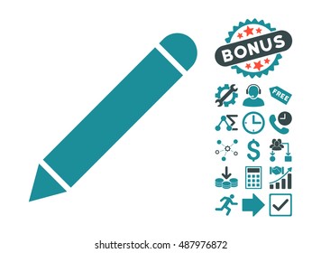 Pencil pictograph with bonus icon set. Vector illustration style is flat iconic bicolor symbols, soft blue colors, white background.