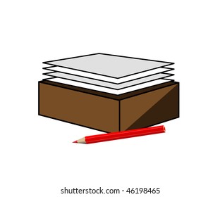 Pencil and pile of a white paper in a box