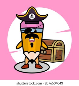 Pencil pirate character with hat and beside treasure box cute style design t-shirt, sticker logo element