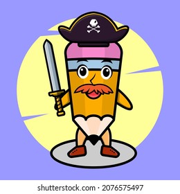 Pencil pirate character with hat and holding sword  cute style design for t shirt, sticker, logo element