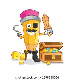 pencil pirate with treasure mascot. cartoon vector