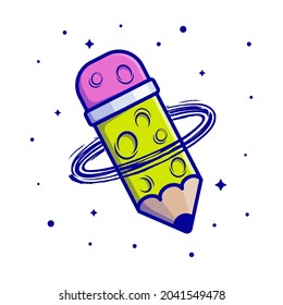 pencil planet cartoon vector icon illustration. education science icon concept isolated on white background. Pencil Vector on flat design style. Good for schools mascot, student icon, sticker.