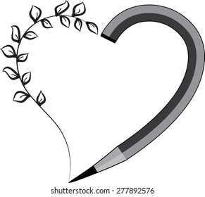 pencil and plant with heart shape icon