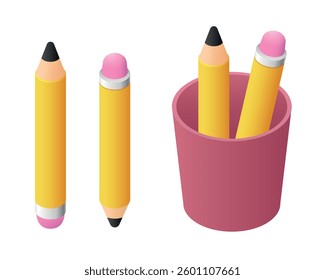 Pencil in a plastic cup. Vector 3D clip art isolated on white background.