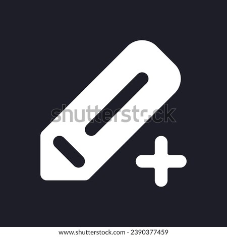 Pencil and plus dark mode glyph ui icon. Create new drawing. Editing. User interface design. White silhouette symbol on black space. Solid pictogram for web, mobile. Vector isolated illustration