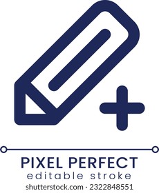 Pencil and plus pixel perfect linear ui icon. Create new drawing. Editing and correcting. GUI, UX design. Outline isolated user interface element for app and web. Editable stroke. Poppins font used