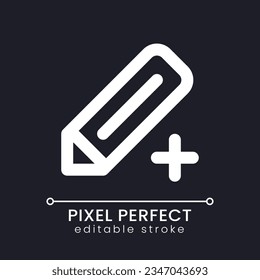 Icono de ui lineal blanco perfecto para lápiz y píxel para el tema oscuro. Crear nuevo dibujo. Edición. Pictograma de la línea del vector. Símbolo de interfaz de usuario aislado para el modo nocturno. Trazo editable. Fuente de Poppins utilizada