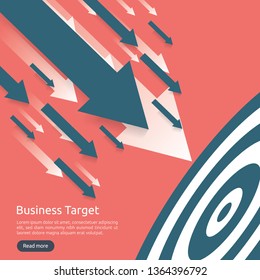 Pencil pointing to dartboard center goal. strategy achievement and success flat design. Archery dart target and arrow. Business vector concept with graph and dollar icon illustration.