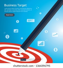 Pencil pointing to dartboard center goal. strategy achievement and success flat design. Archery dart target and arrow. Business vector concept with graph and dollar icon illustration.