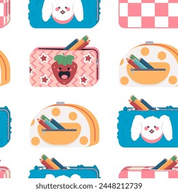 Pencil pouch cases vector cartoon seamless pattern.