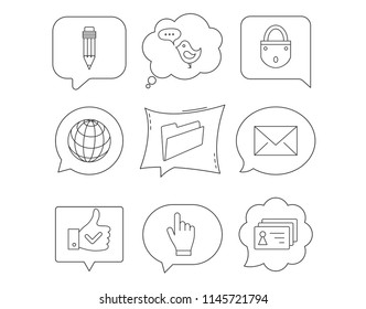 Pencil, press hand and world globe icons. Bird message, social network and mail linear signs. Contacts, like and folder icons. Linear Speech bubbles with icons set. Comic chat balloon. Vector