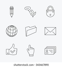 Pencil, press hand and world globe icons. Bird message, social network and mail linear signs. Contacts, like and folder icons. Linear black icons on white background.