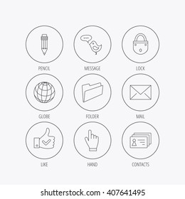Pencil, press hand and world globe icons. Bird message, social network and mail linear signs. Contacts, like and folder icons. Linear colored in circle edge icons.