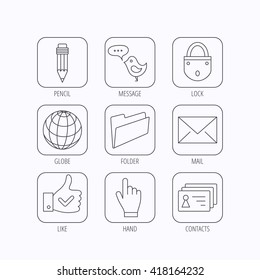 Pencil, press hand and world globe icons. Bird message, social network and mail linear signs. Contacts, like and folder icons. Flat linear icons in squares on white background. Vector