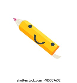 Pencil Primitive Icon With Smiley Face. Office Or School Desk Supply Sticker In Simplified Childish Cartoon Vector Design Isolated On White Background