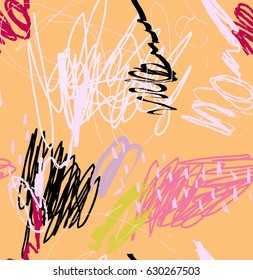 Pencil random kids drawing with dots and strokes.Abstract seamless pattern. Universal bright background for greeting cards, invitations. Had drawn ink and marker watercolor texture.