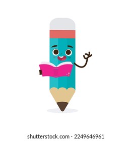 Pencil reading book Character, Back to school, cartoon education concept poster vector illustration isolated on background