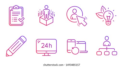 Pencil, Recovery devices and 24h service line icons set. User, Augmented reality and Eco energy signs. Approved checklist, Management symbols. Edit data, Backup data. Technology set. Vector