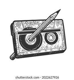 Pencil rewinds Compact Cassette tape sketch engraving vector illustration. T-shirt apparel print design. Scratch board imitation. Black and white hand drawn image.