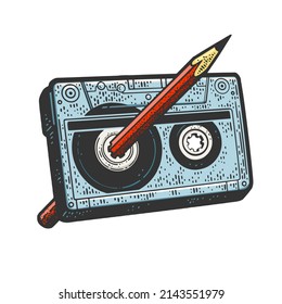 Pencil rewinds Compact Cassette tape color sketch engraving vector illustration. T-shirt apparel print design. Scratch board imitation. Black and white hand drawn image.