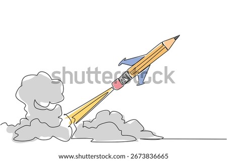 Pencil rocket blasting off with smoke trails symbolizes knowledge power and creativity, ideal for celebrating National Higher Education Day in a continuous line drawing, education concept, innovation