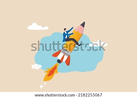 Pencil rocket as education, creativity or fun idea, imagination or creative freedom, launch new project or business improvement concept, young adult creative man riding pencil rocket flying in the sky