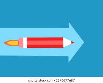 Pencil rocket flies along the arrow pointing forward. Vector