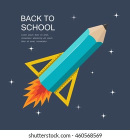 Pencil rocket flies into space, study start, back to school illustration