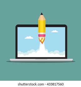 Pencil Rocket fly out the laptop. Vector illustration