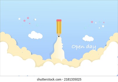 pencil rocket flying into the sky Icon showing the opening day.Back to school paper art work