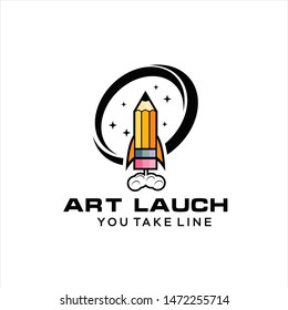 pencil rocket launch with fire flame. logo vector for kids, children, education, school startup, illustration