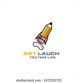pencil rocket launch with fire flame. logo vector for kids, children, education, school startup, illustration