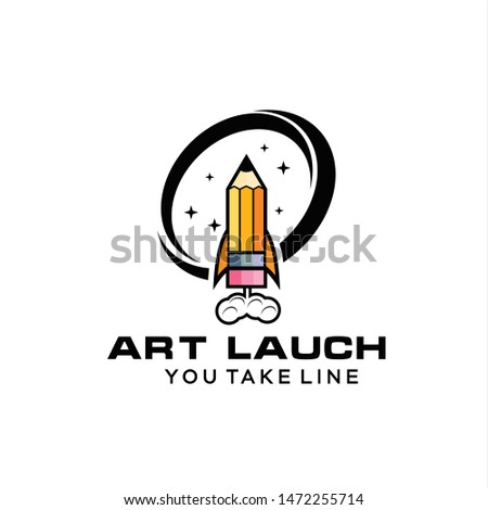 pencil rocket launch with fire flame. logo vector for kids, children, education, school startup, illustration