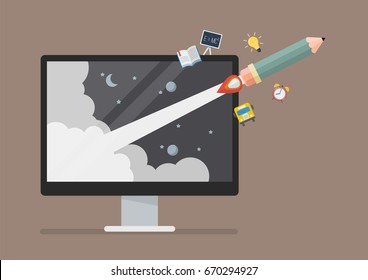 Pencil rocket launch out of computer monitor. Education online or e-learning concept