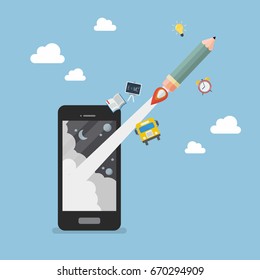 Pencil rocket launch out of smartphone. Education online or e-learning concept