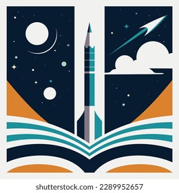 Pencil rocket launch. Universe inside the book, concept of online education and training. Science fiction. Creativity learning, inspiration, welcome back to school background. Vector illustration.