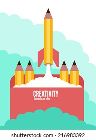 Pencil rocket launching. Creativity and back to school concept, flat design element. Vector illustration. 