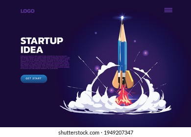 Bleistift-Rakete, die zum Himmel hochspringt. Website-Zielseite - Vektorgrafik