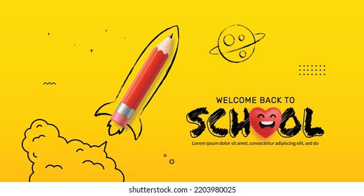 Pencil Rocket launching to space background, Back to School concept, Online learning and Web page design template