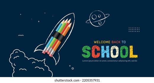 Lanzamiento del cohete de lápiz al fondo del espacio, concepto Volver a la escuela, aprendizaje en línea y plantilla de diseño de páginas web