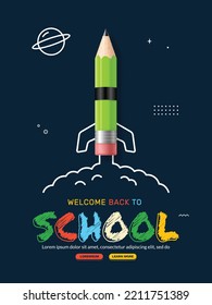 Bleistift-Rakete, die auf Weltraum-Hintergrund startet. Zurück zum Schulkonzept für Einladungskarten und Banner, Online-Lernen und Webseitenvorlage
