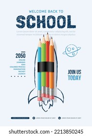 Pencil rocket launching to space background. Back to school concept for invitation poster and banner, Online learning and Web page template
